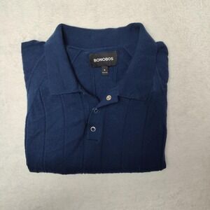 Bonobos Polo Shirt Mens Medium Blue Merino Wool Knit Ribbed Short Sleeve Casual